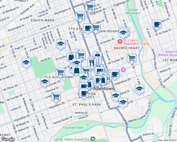map of restaurants, bars, coffee shops, grocery stores, and more near 721 West Turner Street in Allentown
