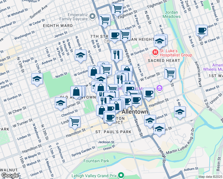 map of restaurants, bars, coffee shops, grocery stores, and more near 216 North Eighth Street in Allentown