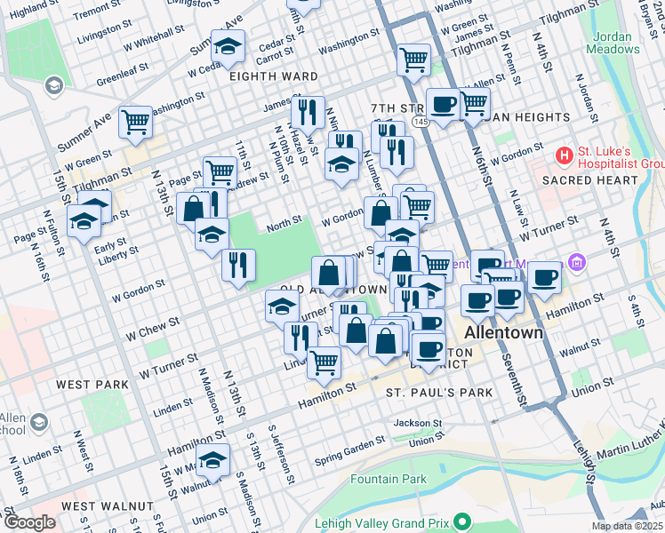map of restaurants, bars, coffee shops, grocery stores, and more near 307 North 10th Street in Allentown