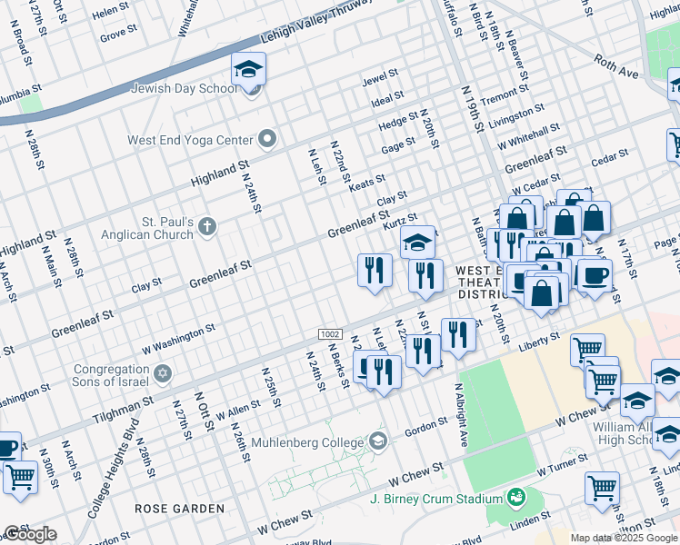 map of restaurants, bars, coffee shops, grocery stores, and more near 815 North 23rd Street in Allentown