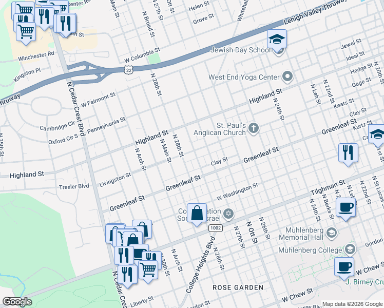 map of restaurants, bars, coffee shops, grocery stores, and more near 2741 Livingston Street in Allentown