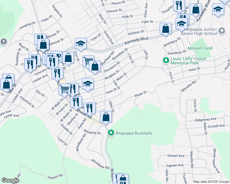 map of restaurants, bars, coffee shops, grocery stores, and more near 1912 Irwin Street in Aliquippa