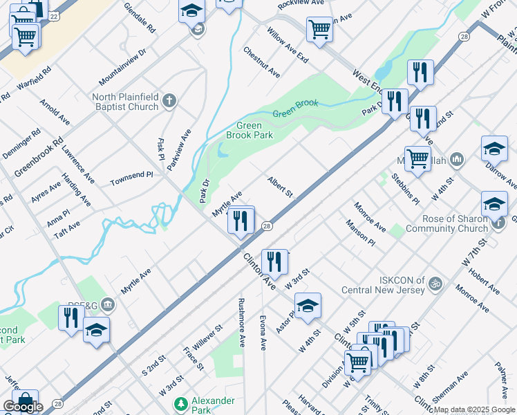 map of restaurants, bars, coffee shops, grocery stores, and more near 24-26 Mariners Court in Plainfield