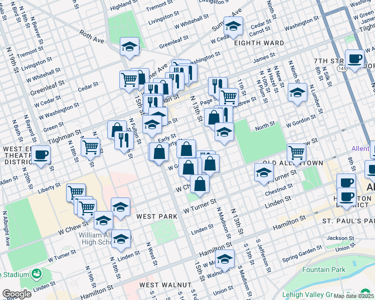 map of restaurants, bars, coffee shops, grocery stores, and more near 1352 Liberty Street in Allentown