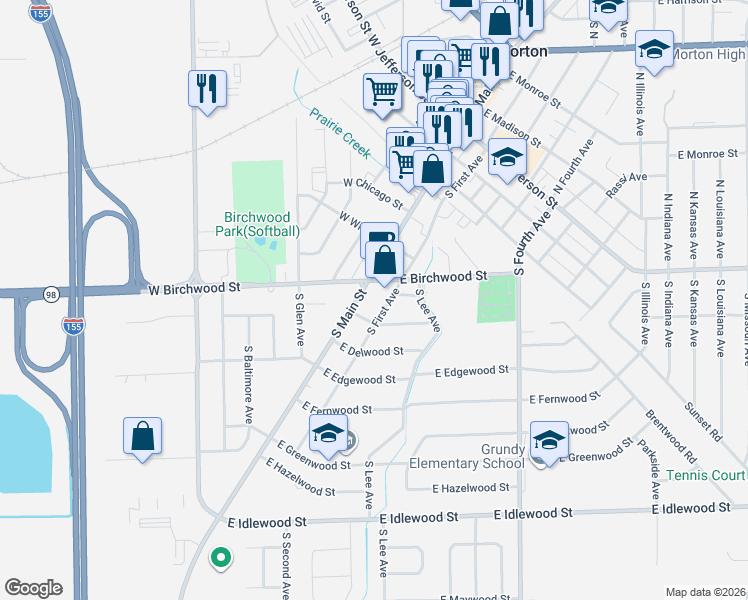 map of restaurants, bars, coffee shops, grocery stores, and more near 608 South Main Street in Morton