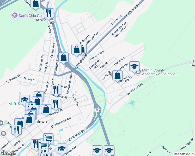 map of restaurants, bars, coffee shops, grocery stores, and more near 401 Harvard Street in Lewistown