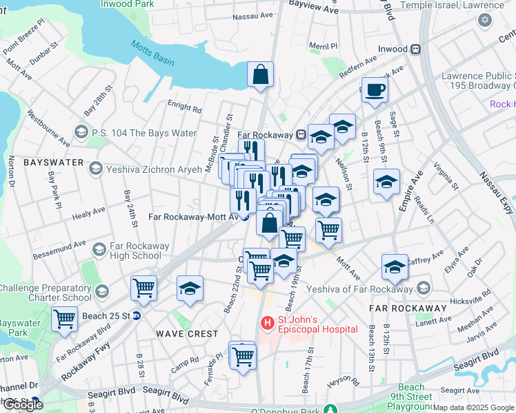 map of restaurants, bars, coffee shops, grocery stores, and more near 2115 Mott Avenue in Queens