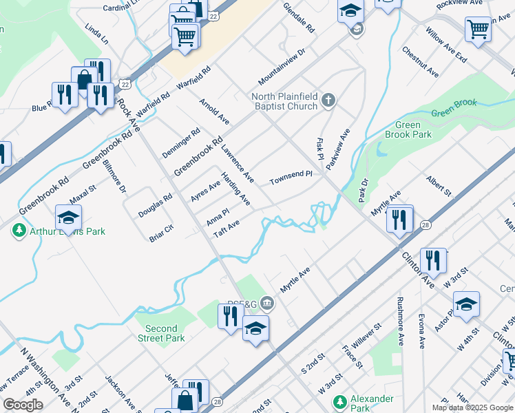 map of restaurants, bars, coffee shops, grocery stores, and more near 156 Harding Avenue in North Plainfield
