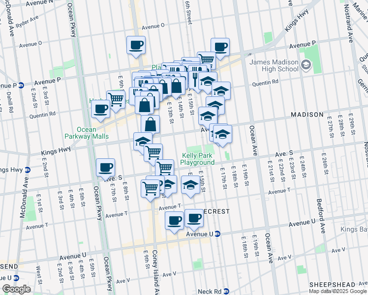 map of restaurants, bars, coffee shops, grocery stores, and more near 1825 East 13th Street in Brooklyn