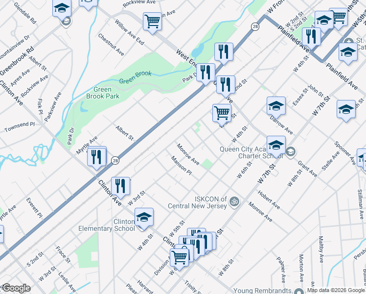 map of restaurants, bars, coffee shops, grocery stores, and more near 967 South 2nd Street in Plainfield