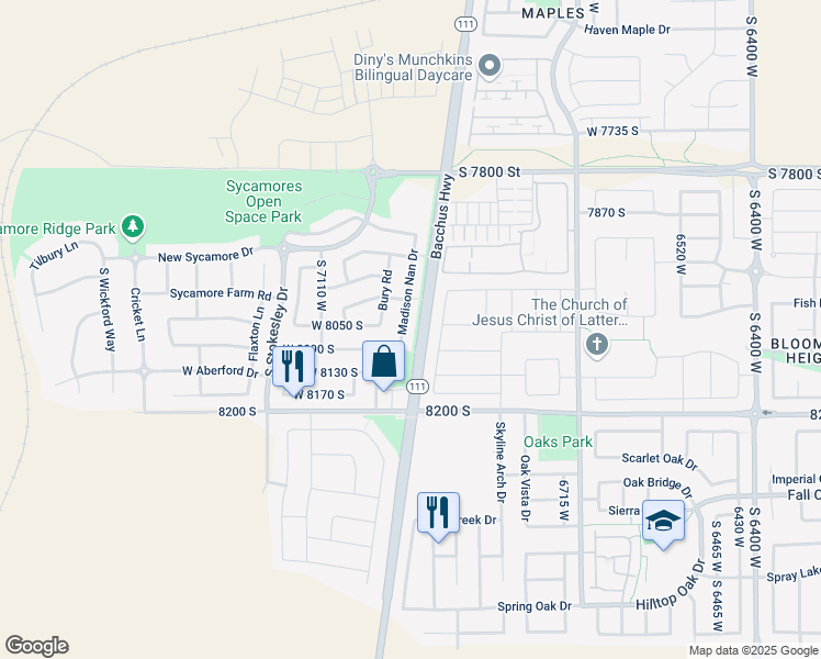map of restaurants, bars, coffee shops, grocery stores, and more near 8057 Madison Nan Drive in West Jordan