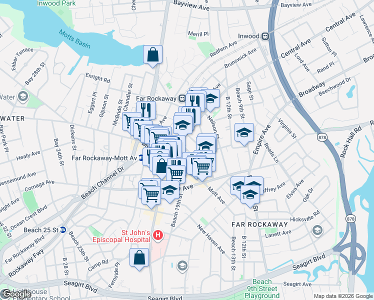 map of restaurants, bars, coffee shops, grocery stores, and more near 11-29 Bayport Place in Queens