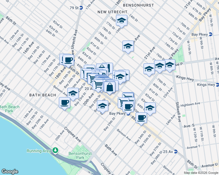 map of restaurants, bars, coffee shops, grocery stores, and more near 2032 84th Street in Brooklyn