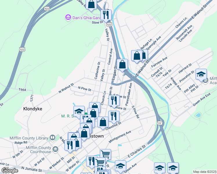 map of restaurants, bars, coffee shops, grocery stores, and more near 227 Logan Street in Lewistown