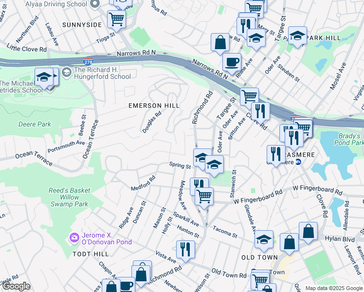 map of restaurants, bars, coffee shops, grocery stores, and more near 25 Wilsonview Place in Staten Island