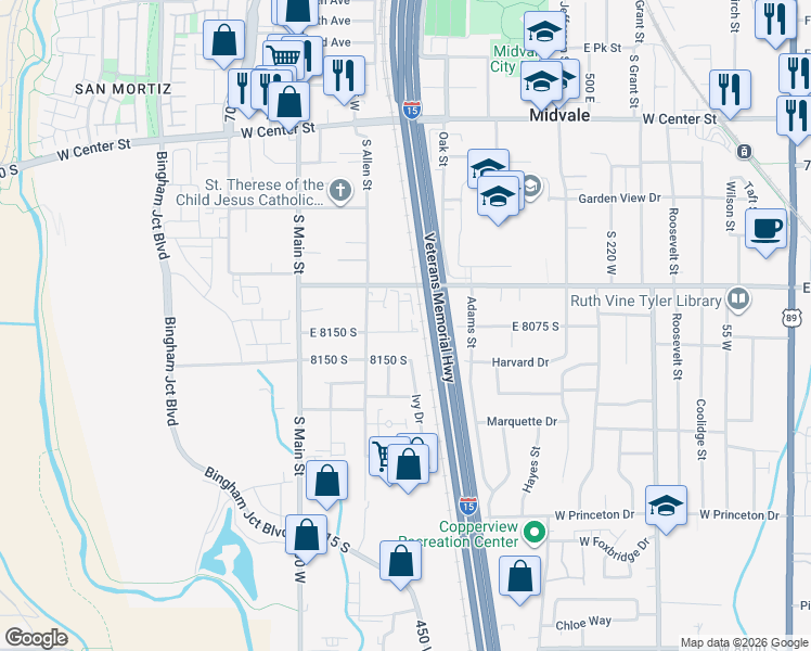 map of restaurants, bars, coffee shops, grocery stores, and more near 8063 South Fern Circle in Midvale