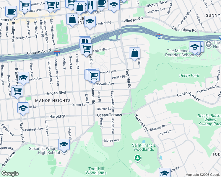 map of restaurants, bars, coffee shops, grocery stores, and more near 146 Laguardia Avenue in Staten Island