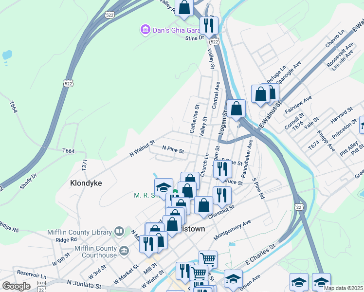 map of restaurants, bars, coffee shops, grocery stores, and more near 38 North Pine Street in Lewistown