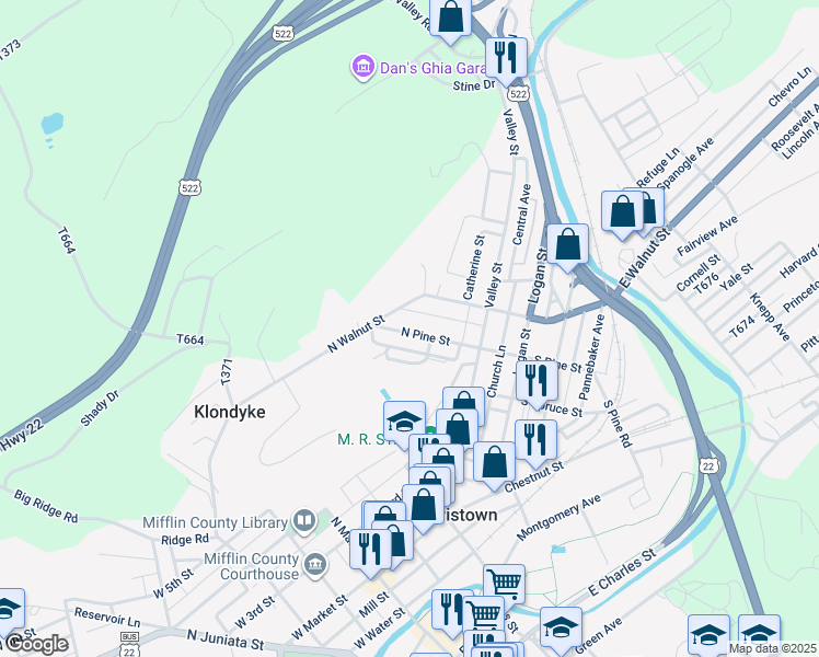 map of restaurants, bars, coffee shops, grocery stores, and more near 66 North Pine Street in Lewistown