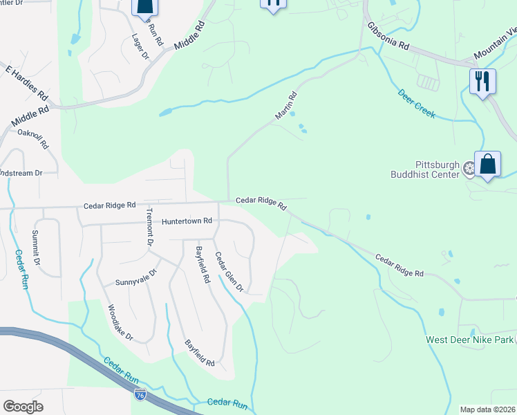 map of restaurants, bars, coffee shops, grocery stores, and more near 3605 Cedar Ridge Road in Allegheny County