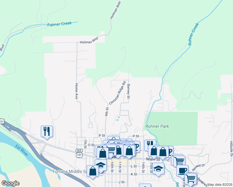 map of restaurants, bars, coffee shops, grocery stores, and more near 1001 Angel Heights Drive in Fortuna