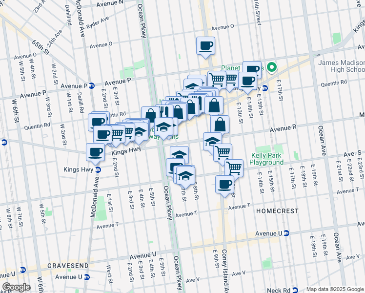map of restaurants, bars, coffee shops, grocery stores, and more near 714 Avenue R in Brooklyn