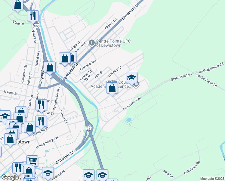 map of restaurants, bars, coffee shops, grocery stores, and more near 501-525 Columbia Alley in Lewistown