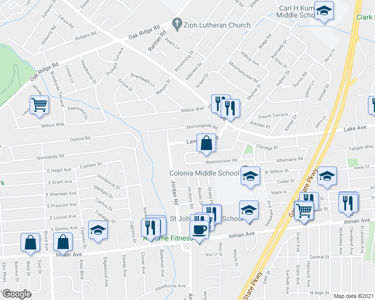map of restaurants, bars, coffee shops, grocery stores, and more near 85 Lancaster Road in Woodbridge Township