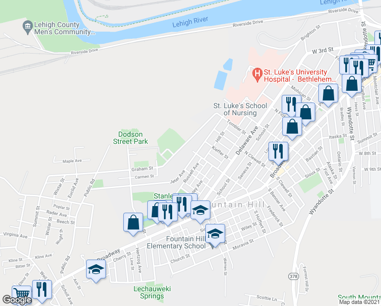 map of restaurants, bars, coffee shops, grocery stores, and more near 1103 Jeter Avenue in Fountain Hill