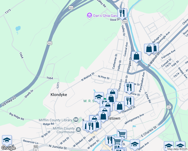 map of restaurants, bars, coffee shops, grocery stores, and more near 87 North Pine Street in Lewistown