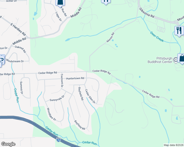 map of restaurants, bars, coffee shops, grocery stores, and more near 3563 Cedar Ridge Road in Allegheny County