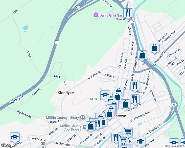 map of restaurants, bars, coffee shops, grocery stores, and more near 212 North Walnut Street in Lewistown