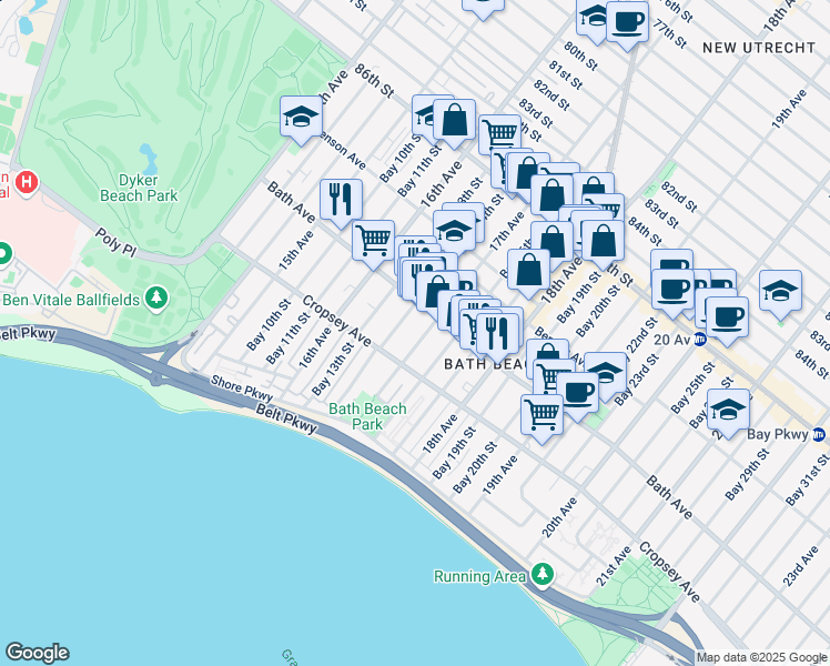 map of restaurants, bars, coffee shops, grocery stores, and more near 204 Bay 14th Street in Brooklyn