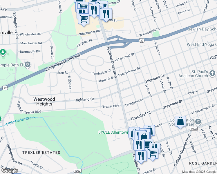 map of restaurants, bars, coffee shops, grocery stores, and more near 3203 Congress Street in Allentown