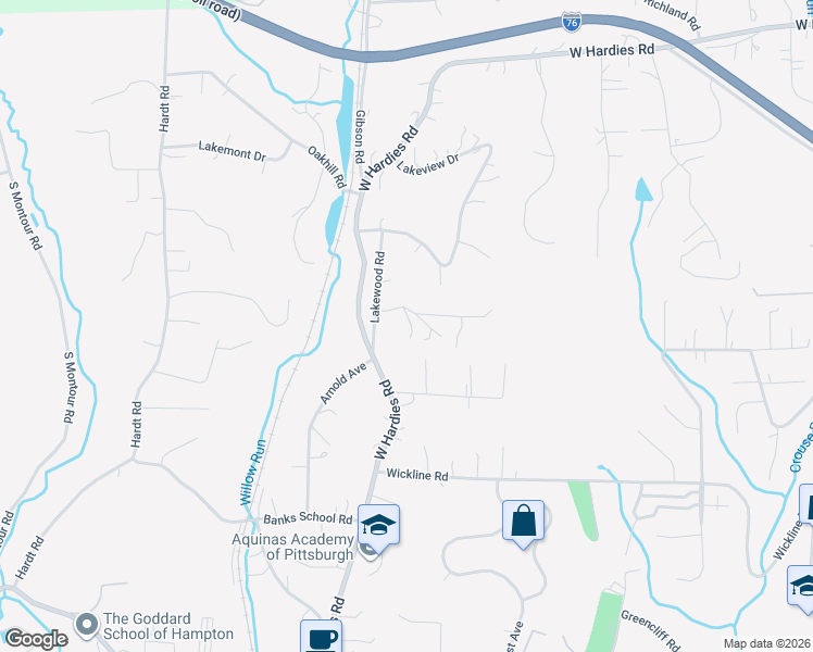 map of restaurants, bars, coffee shops, grocery stores, and more near 4996 Lakewood Road in Gibsonia