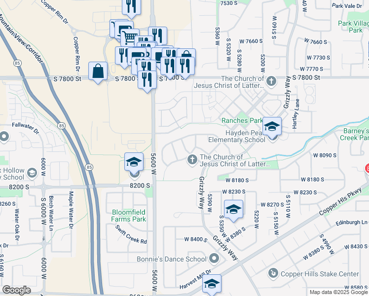 map of restaurants, bars, coffee shops, grocery stores, and more near in West Jordan