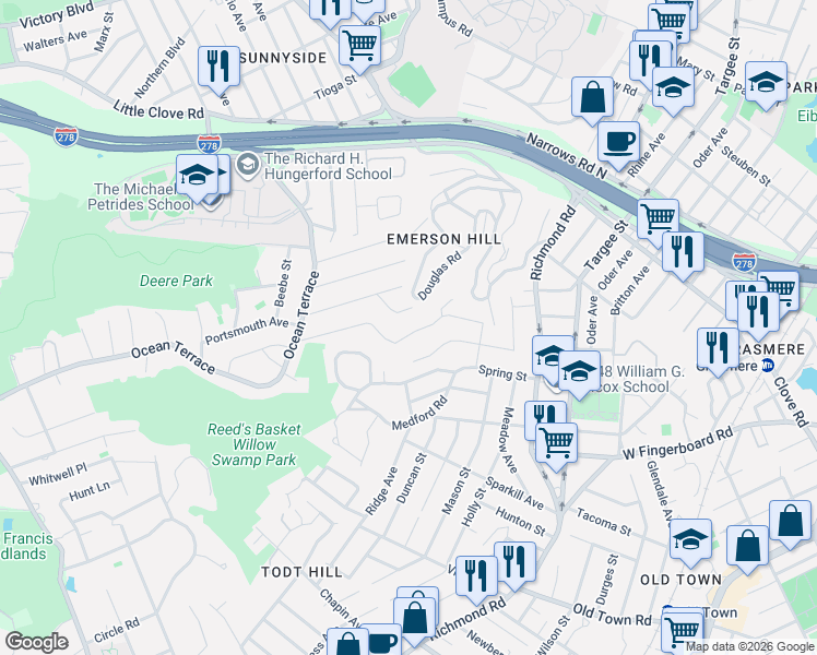 map of restaurants, bars, coffee shops, grocery stores, and more near 60 Lyman Place in Staten Island