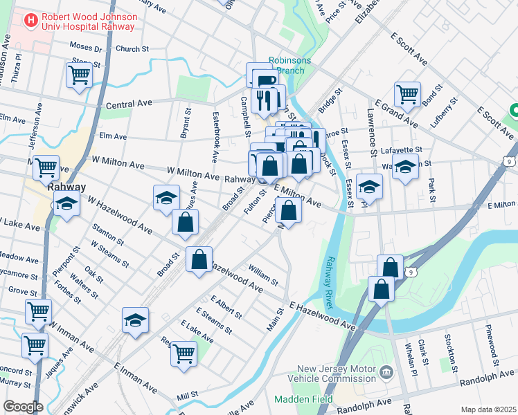 map of restaurants, bars, coffee shops, grocery stores, and more near 1287 Fulton Street in Rahway