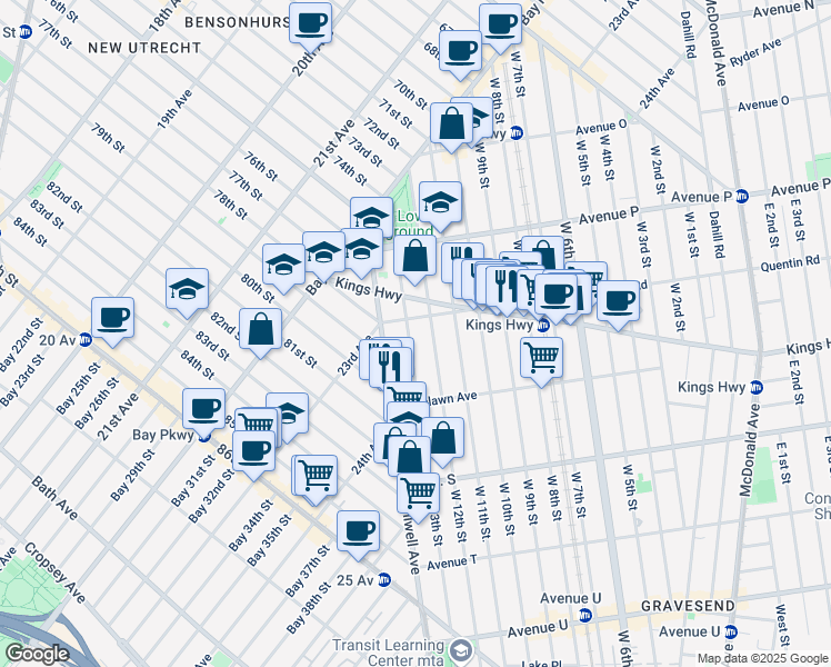 map of restaurants, bars, coffee shops, grocery stores, and more near 1715 West 13th Street in Brooklyn