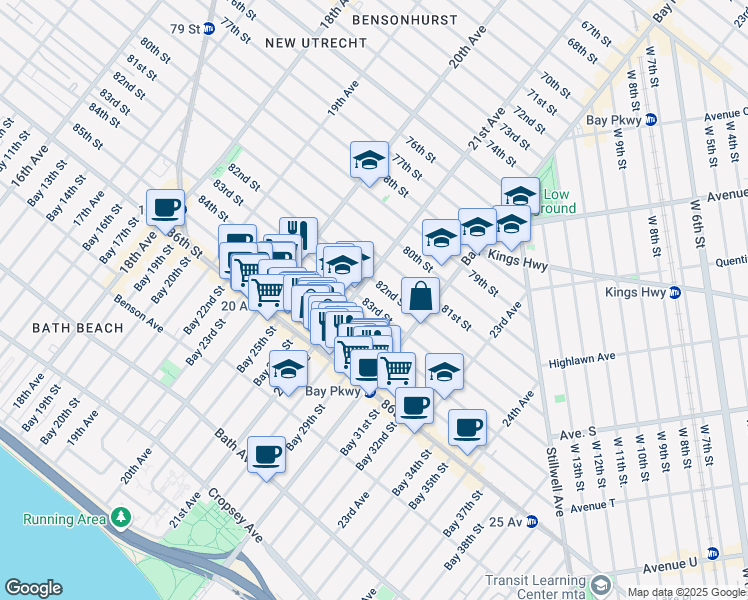 map of restaurants, bars, coffee shops, grocery stores, and more near 2117 83rd Street in Brooklyn