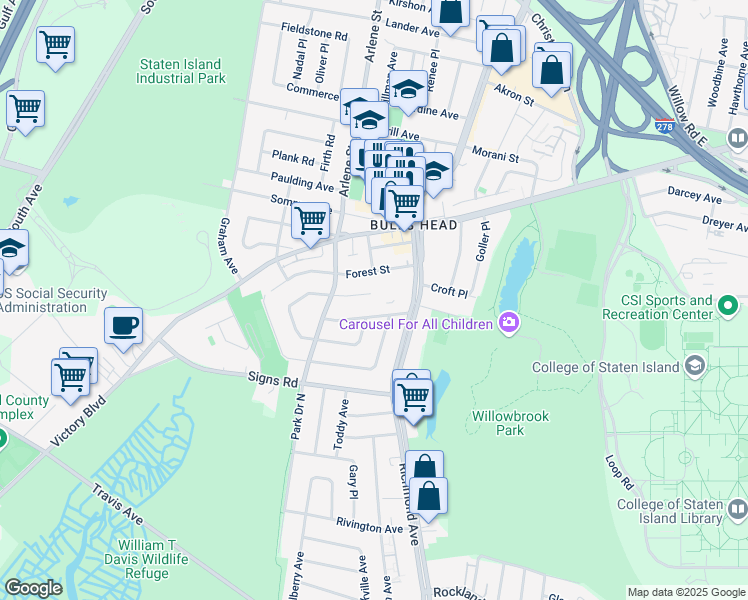 map of restaurants, bars, coffee shops, grocery stores, and more near 11 Dawson Court in Staten Island