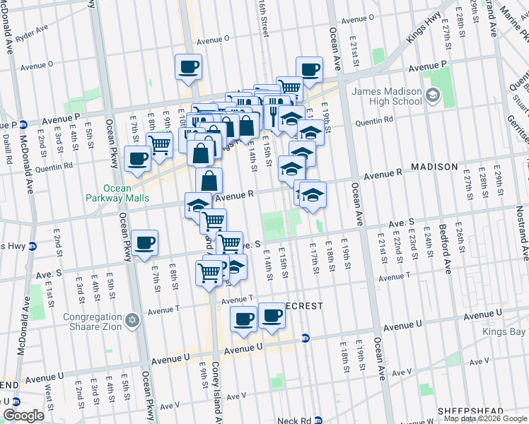 map of restaurants, bars, coffee shops, grocery stores, and more near 1825 East 13th Street in Brooklyn