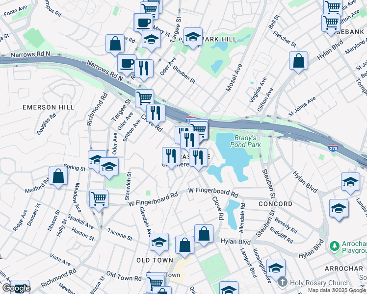 map of restaurants, bars, coffee shops, grocery stores, and more near Clove Road & Mosel Avenue in Staten Island