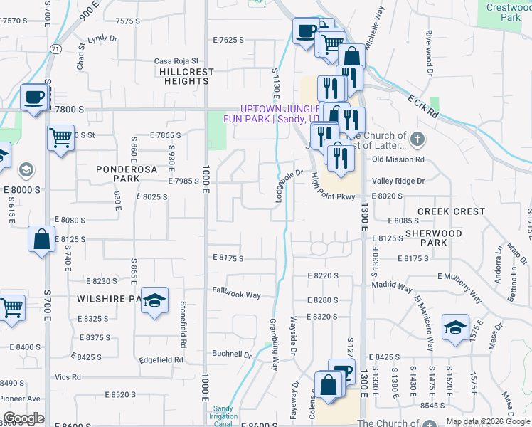 map of restaurants, bars, coffee shops, grocery stores, and more near 1111 8050 South in Sandy