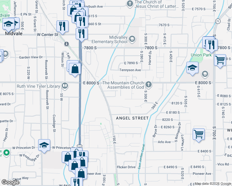 map of restaurants, bars, coffee shops, grocery stores, and more near 143 Station Street in Sandy