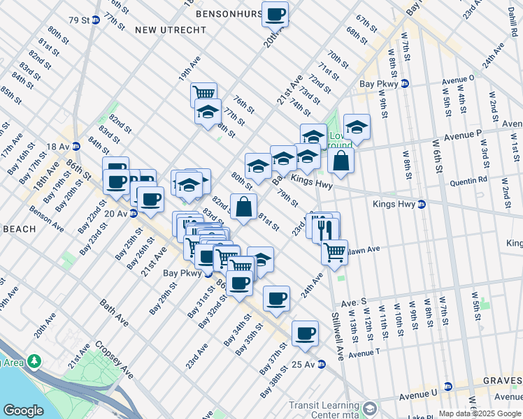 map of restaurants, bars, coffee shops, grocery stores, and more near 7913 Bay Parkway in Brooklyn