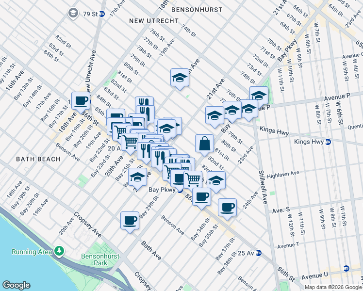 map of restaurants, bars, coffee shops, grocery stores, and more near 2117 83rd Street in Brooklyn