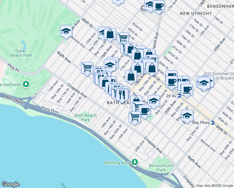map of restaurants, bars, coffee shops, grocery stores, and more near 8753 Bay 16th Street in Brooklyn