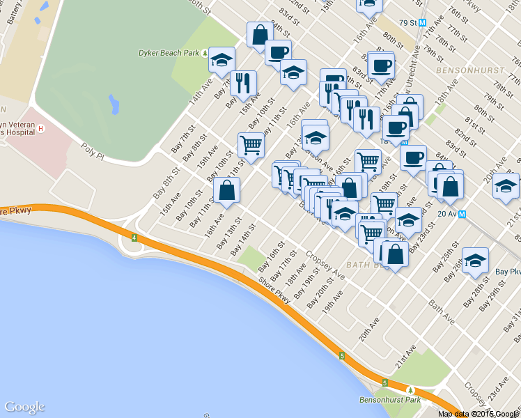 map of restaurants, bars, coffee shops, grocery stores, and more near 204 Bay 14th Street in Brooklyn