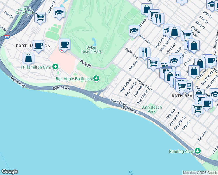 map of restaurants, bars, coffee shops, grocery stores, and more near 349 Bay 8th Street in Brooklyn